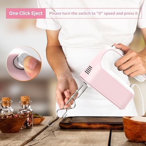 Yomelo 9-Speed Digital Hand Mixer Electric, 400W Powerful DC Motor, Hand Mixer Electric Handheld with Snap-On Storage Case, 5 Stainless Steel Accessories, Beaters, Dough Hooks, Whisk(Pink/White)