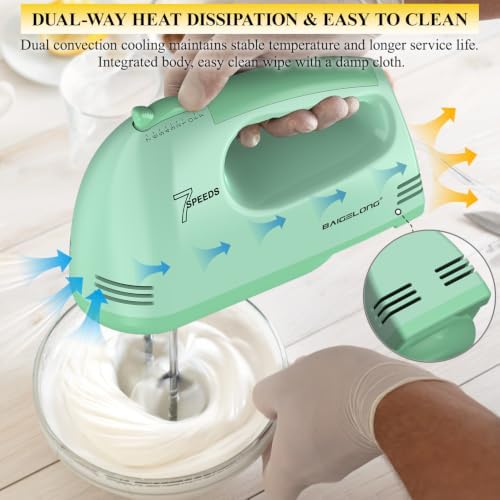 BAIGELONG Hand Mixer. 7-Speed Adjustable Kitchen Electric Mixer. With 5 Stainless Steel Attachments: 2 Hooks, 2 Beaters, 1 Whisk. Comes 1 Storage Box. Perfect for Bakers and New Starters, Green