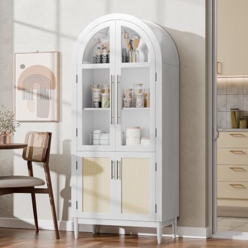 71" Tall Arched Cabinet with Glass Doors, Kitchen Pantry Storage Cabinet with Dust-Proof Rattan, 5-Tier Curio China Cabinet with Adjustable Shelves for Living Room Dining Room, White