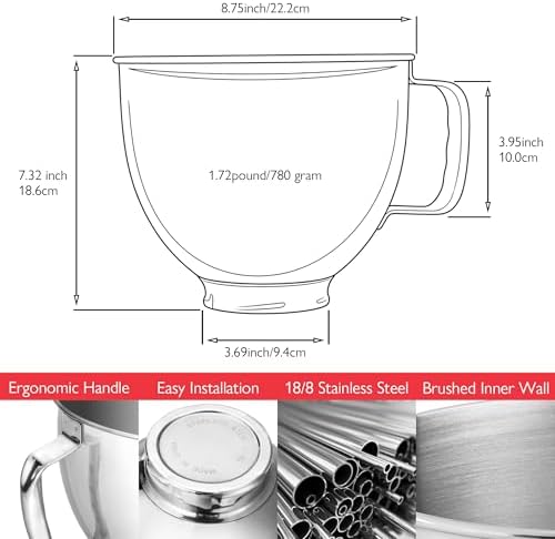 5 Quart Stainless Steel Mixer Bowl for Kitchenaid 4.5/5 Qt Tilt-Head Mixer