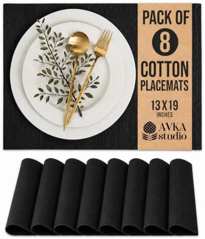 100% Cotton Ribbed Placemats - Set of 8-13 x 19 Inches - Black - Everyday Cloth Table Mats - Thick Construction, Washable & Reusable Cloth Place Mats - by AVKA Studio