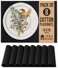 100% Cotton Ribbed Placemats - Set of 8-13 x 19 Inches - Black - Everyday Cloth Table Mats - Thick Construction, Washable & Reusable Cloth Place Mats - by AVKA Studio