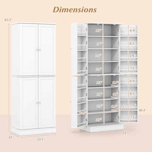 GIANTEX Kitchen Pantry Cabinet, 65.5" Tall Kitchen Hutch w/8-Tier Storage Cabinet, 16-Tier Door Shelves & Adjustable Shelves, 4-Door Freestanding Buffet Sideboard for Dining Room, Living Room, White