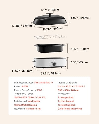 VEVOR Roaster Oven, 18QT Electric Roaster Oven, 150-450℉ Adjustable Temperature Electric Roasting Pan, Multifunctional Electric Roasters with Self-Basting Lid, Removable Pan and Rack for Holiday