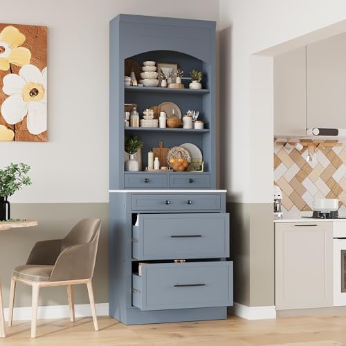 Merax Modern 83.7inch Freestanding Kitchen Hutch with Faux Marble Top, Kitchen Pantry with 5 Storage Drawers and Adjustable Shelf, Gray