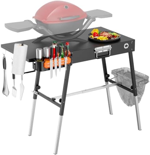 EUTRKei Portable Grill Table for Weber Q1200, Q1000, Q2200, Q2000, Q2400, Griddle Stand for Ninja Woodfire Collection OG700, OG800, OG900 Series, Folding Grill Cart with Caddy for Camping, Travel
