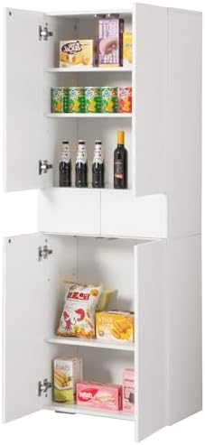 67-Inch Multi-Functional Kitchen Pantry Cabinet with 4 Doors, 3 Adjustable Shelves, 2 Cabinets with 1 Drawer – Elegant Freestanding Farmhouse Storage for Kitchen, Dining and Living Room (White)