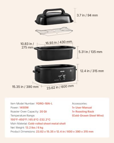 VEVOR Electric Roaster Oven, 20 Qt, Turkey Roasting Pan, Black, Viewing Lid