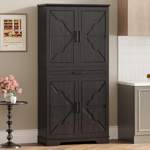 IRONCK 72" Farmhouse Kitchen Pantry Cabinet with Sliding Storage Rack,Black