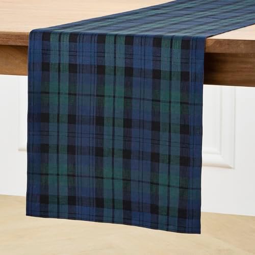 Solino Home 100% Pure Linen Table Runner, 14 x 90 in, Blue and Green Plaid