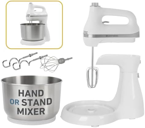 West Bend Two Sweet 2-in-1 Hand & Stand Mixer, 11 Speeds with Turbo Boost, 4.4 Qt Rotating Bowl, Dough Hooks, Beaters & Whisk, Tilt-Head Design, 550 Peak Watts, White