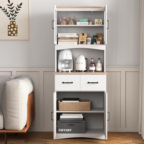GDFStudio Wooden Kitchen Pantry Cupboard with Framed Glass Doors & Drawer, Freestanding Storage Cabinet Hutch, Kitchen Living Room Rectangle Storage Cabinet, Home Organization Cupboard, White
