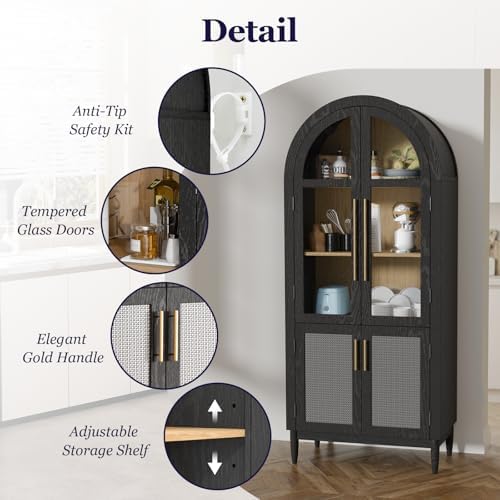 71" Tall Arched Cabinet with Glass Doors, Kitchen Pantry Storage Cabinet with Dust-Proof Rattan, 5-Tier Curio China Cabinet with Adjustable Shelves for Living Room Dining Room, Black
