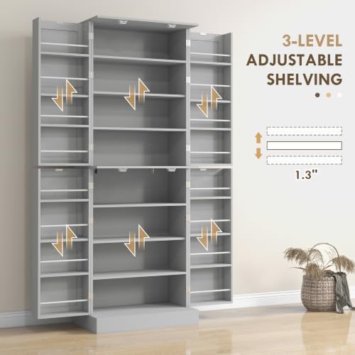 HOMCOM 65" Kitchen Pantry Storage Cabinet 16 Door Shelves Gray