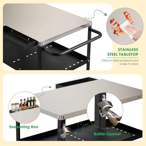 Outdoor Grill Cart Table, Pizza Oven Stand with Casters, Silver