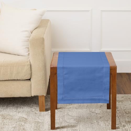 Solino Home Cotton Linen Table Runner Blue, Hemstitch Collection 14 x 36 in