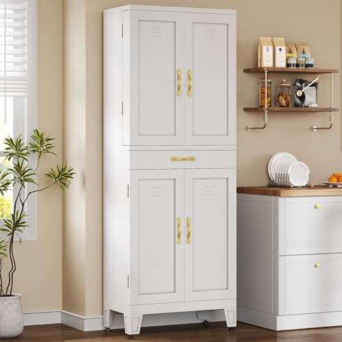 YITAHOME 71" Metal Pantry Cabinet with Drawer, Shelves & Door Racks, White