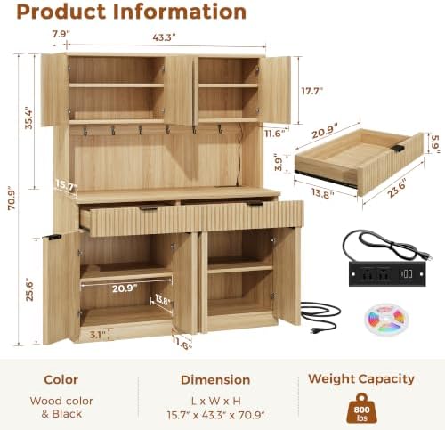 Jocoevol Fluted Kitchen Pantry Storage Cabinet with Charging Station & LED Lights,71" Tall Kitchen Hutch with Microwave Stand, Adjustable Shelves,Storage Doors (Natural, 47" W x71 Hx15.7 D)