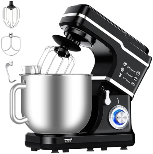 7.5QT Kitchen Stand Food Mixer, 10-Speed Tilt Head Portable Kitchen Mixer with Stainless Steel Bowl, Egg Whisk, Dough Hook, Beater, Splash Guard, Compact Dough Mixer for Baker, Beginners