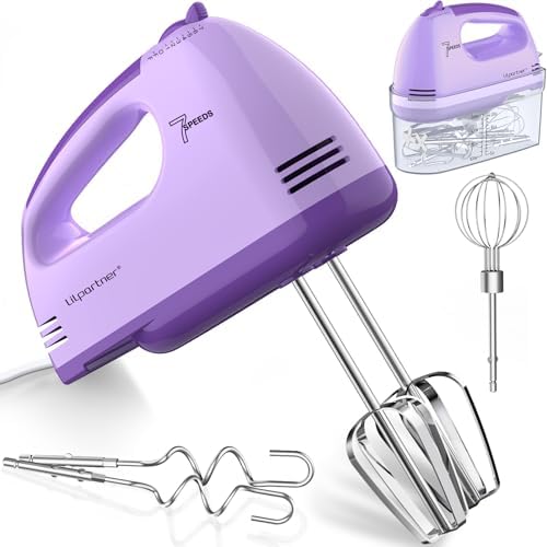 LILPARTNER Electric Hand Mixer with Storage Box, Ultra Power Kitchen Hand Mixer With 7-Speed & 5 Stainless Steel Accessories for Whipping Dough, Cream, Cake, Dishwasher Safe, LIGHT PURPLE BOX