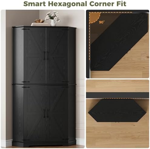 IRONCK Corner Cabinet, 72" Farmhouse Pantry Cabinet, Black