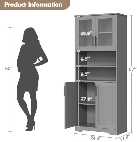 IDEALHOUSE 67-Inch Storage Cabinet with Glass & Wood Doors - 6-Shelf Modern Cupboard with Adjustable Shelves & Magnetic Base for Kitchen Pantry, Living Room, Bookcase，Bathroom Locker