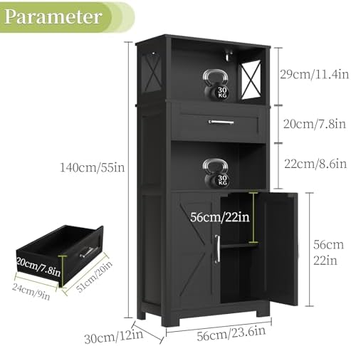 kepptory 55" Tall Farmhouse Pantry Cabinet, 23.6" W Narrow Kitchen Storage Cabinet with Drawer, Doors and Shelves for Kitchen and Dining Room, Black