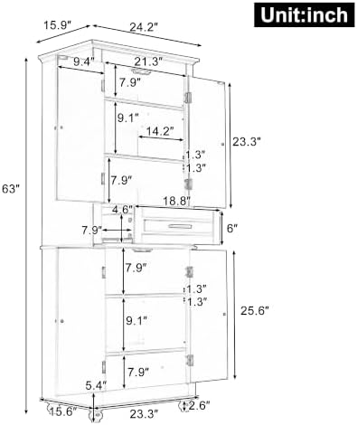 Merax 63" Pantry Cupboard with Four Doors & One Drawer, Bathroom Storage Cabinet with Adjustable Shelves for Home/Living Room/Dining Room/Kitchen, White