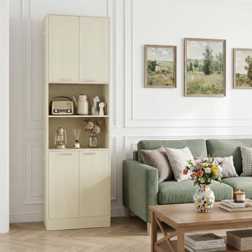 GIANTEX Kitchen Pantry Cabinet, 75'' Tall Freestanding Cupboard with Doors & Shelves, Safety Hinges & Anti-Tipping Devices, Storage Sideboard for Dining Room, Living Room (Light Oak)