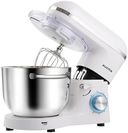 Aucma Stand Mixer,6.5-QT 660W 6-Speed Tilt-Head Food Mixer, Kitchen Electric Mixer with Dough Hook, Wire Whip & Beater (White, 6.5QT)