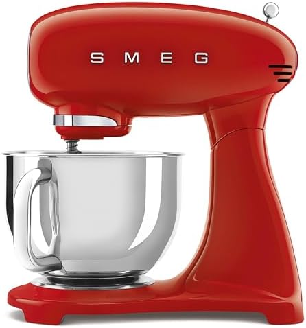 SMEG SMF05 Forte 5-Qt Stand Mixer with 750W Motor, Smooth Start & SteadyMix, Flex Edge Beater, 10 Speeds, Stainless Steel Bowl – Retro 50’s Style Planetary Mixer for Dough, Baking & Desserts-Red