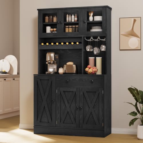 YITAHOME 71" Kitchen Pantry Cabinet with Wine Rack & Power Outlet, Black