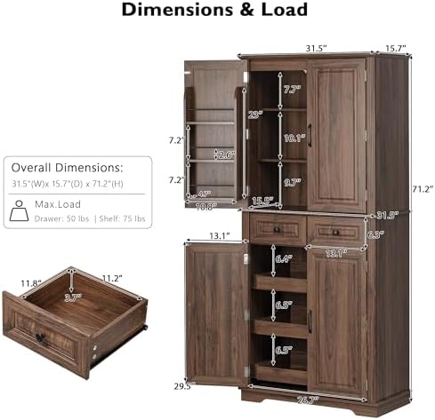 Merax 71" Tall Farmhouse Pantry Cabinet with Pull-Out Shelves, Brown