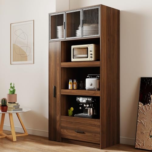 KEIKI 70.87" Tall Kitchen Pantry Storage Cabinet with Multi-Functional Pull-Out Shelf, Drawers, Glass Doors & Microwave Stand, Wood Hutch Food Pantries Cupboard for Coffee Bar, Dining Room