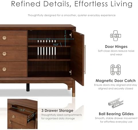 Furniture of America Forma Mid-Century Modern 69-inch Solid Wood Sideboard Buffet Cabinet with 2 Storage Compartments, 6 Shelves and 3 Drawers for Living Room, Dining Room, Office, Walnut