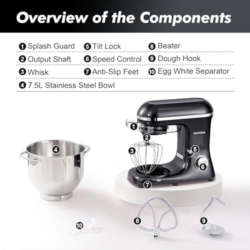 Aucma Stand Mixer,8QT 900W 6-Speed Tilt-Head Food Mixer, Kitchen Electric Mixer with Dough Hook, Wire Whip & Beater (Black, 8QT)