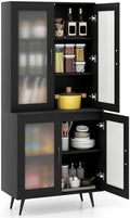 GIANTEX Kitchen Pantry Storage Cabinet, 70.5" Cupboard with 4 Transparent Doors, Adjustable Shelf & Metal Legs, Freestanding Tall Hutch Cabinet for Dining Room, Living Room, Office & Bathroom, Black