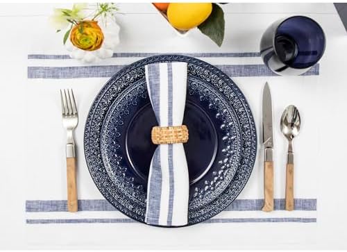 Solino Home 100% Linen Placemats, 14 x 19 in, Navy, French Stripe, Set of 4