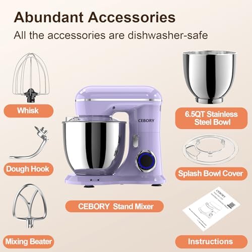 CEBORY 3-IN-1 Electric Stand Mixer, 6.5QT Bowl 660W 10-Speed Kitchen Mixer, Household Food Mixers include Dough Hook, Beater and Whisk, Bread Cake Mixer for Baking and Most Home Cooks, Purple