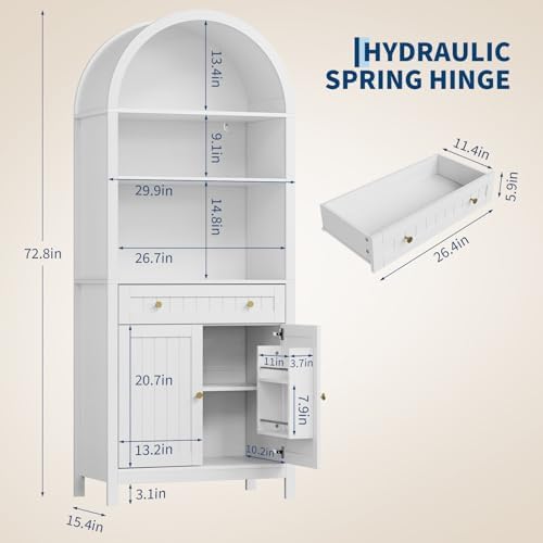 Modern Farmhouse Arched Pantry Cabinet 73" – Freestanding Tall Storage with Adjustable Shelves & Drawer – Accent Kitchen, Dining, Living or Bedroom Cupboard – Embossed White