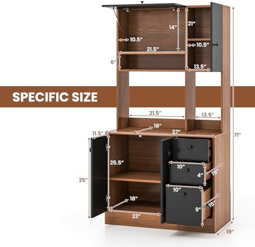 LOKO 71” Tall Kitchen Pantry Storage Cabinet with 3 Drawer, Walnut & Black
