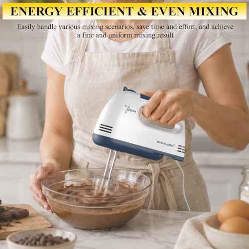 BAIGELONG Hand Mixer. 7-Speed Adjustable Kitchen Electric Mixer. With 5 Stainless Steel Attachments: 2 Hooks, 2 Beaters, 1 Whisk. Comes 1 Storage Box. Perfect for Bakers and New Starters, White