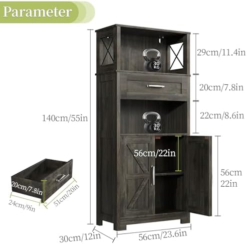 kepptory 55" Tall Farmhouse Pantry Cabinet, 23.6" W Narrow Kitchen Storage Cabinet with Drawer, Doors and Shelves for Kitchen and Dining Room, Grey