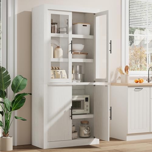 Takywep 70.45” Tall Farmhouse Kitchen Pantry Cabinet, Wood Storage Cabinet with 4 Doors & Adjustable Shelves, Anti-Tip Design, Sturdy Bookcase for Kitchen/Dining/Office, Rustic White-Glass