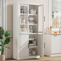 Takywep 70.45” Tall Farmhouse Kitchen Pantry Cabinet, Wood Storage Cabinet with 4 Doors & Adjustable Shelves, Anti-Tip Design, Sturdy Bookcase for Kitchen/Dining/Office, Rustic White-Glass