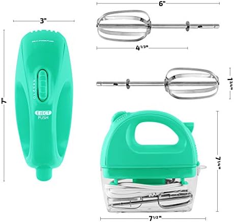 OVENTE Portable Electric Hand Mixer 5 Speed Mixing, 150W Powerful Blender for Baking & Cooking with 2 Stainless Steel Chrome Beater Attachments & Snap Clear Case Compact Easy Storage, Turquoise HM161T