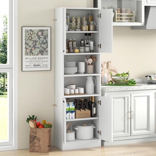 GIANTEX Kitchen Pantry Cabinet, 75” Tall Freestanding Cupboard with Doors & Shelves, Safety Hinges & Anti-Tipping Devices, Storage Sideboard for Dining Room, Living Room (White)