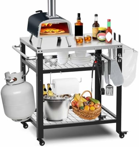 M METERXITY Stainless Steel Pizza Oven Table for Ooni, 32"x 24" Three-Shelf