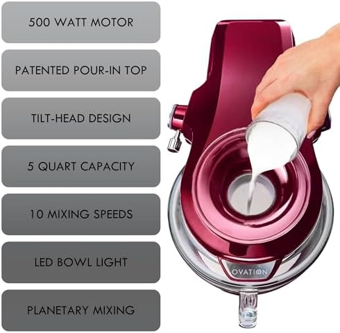 Kenmore Ovation 500W RedStand Mixer, 10‑Speed Tilt‑Head with 5QT Glass Bowl, Pour‑In Top, 360° Splash Guard, LED Light, Flat Beater, Dough Hook & Whisk for Powerful, Stable, Low‑Noise Mixing