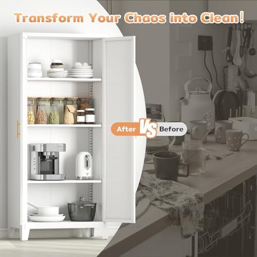 Zevemomo 61" H Metal Kitchen Pantry Cabinet, Freestanding Cupboard with 2 Doors and 3 Adjustable Shelves, Tall Metal Storage Cabinet for Kitchen, Bathroom, Dining Room or Laundry Room （White）
